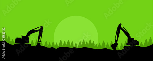 vector illustration of excavator and forest - flat design