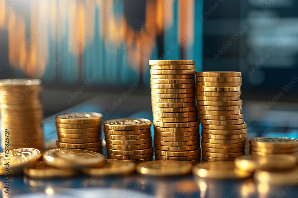 Economic Stability Concept with Coin Stacks and Financial Charts, Stacked coins in front of defocused stock market charts, symbolizing economic stability and investment. Economic Stability Concept with Coin Stacks and Financial Charts, Stacked coins in front of defocused stock market charts, symbolizing economic stability and investment.
