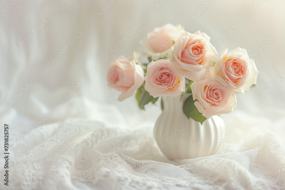 Pastel roses in a vintage vase, soft and gentle composition on a white lace tablecloth, light pastel background