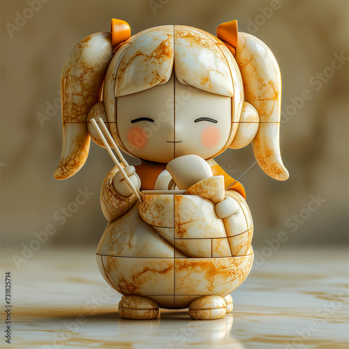chunky marble sculpture of a girl eating ramen with chopsticks