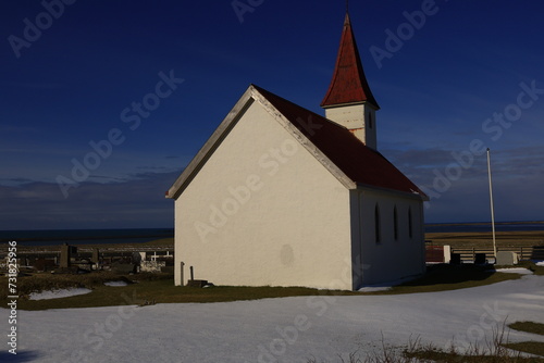 View on the church of the village of Vík located in the southernmost in Iceland