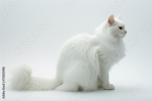 Fluffy white cat sitting gracefully against a pure white background, soft lighting to highlight its fur texture and serene expression