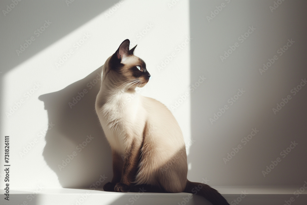 Elegant Siamese cat posing on a white background, sleek and slender body captured in a side profile, natural light creating soft shadows to emphasize its graceful features