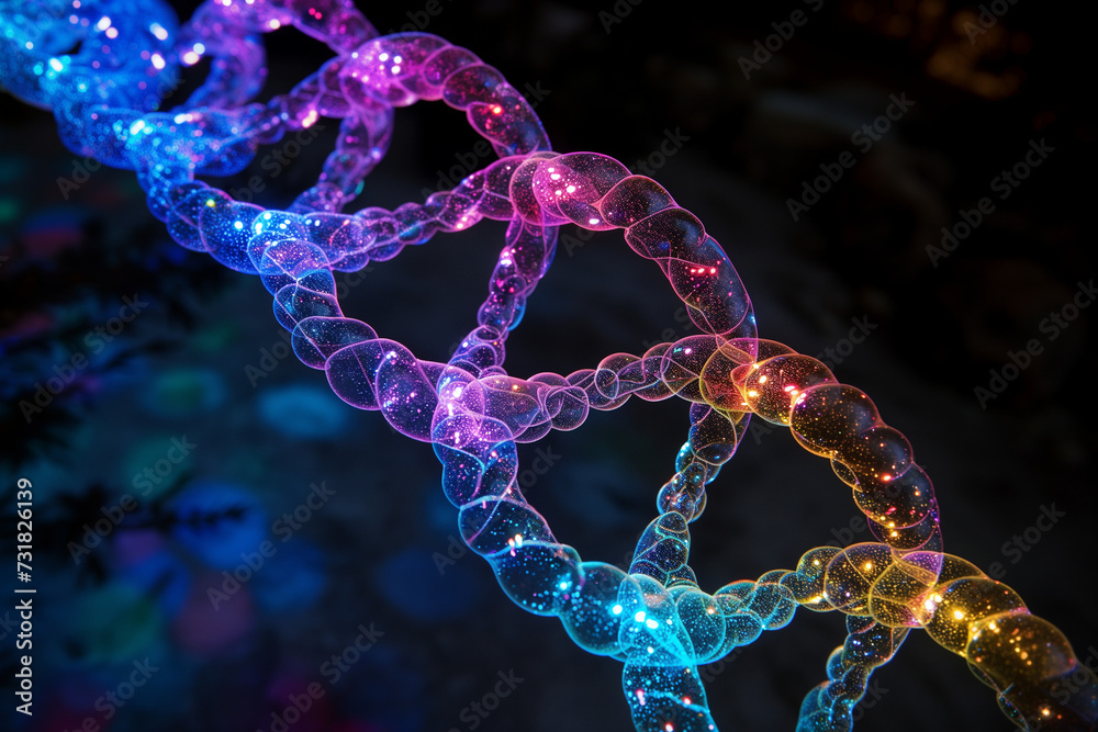 Abstract representation of DNA strands, vibrant colors on a dark background, emphasizing the complexity and beauty of genetic coding