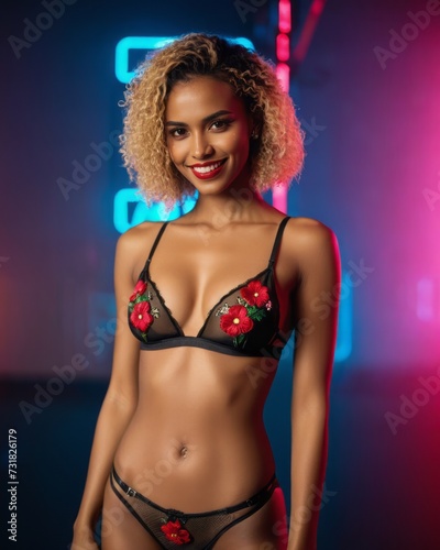 A woman with curly hair and bright red lipstick poses in a black bra and underwear set with red flowers. She stands in front of a neon sign and smiles at the camera.