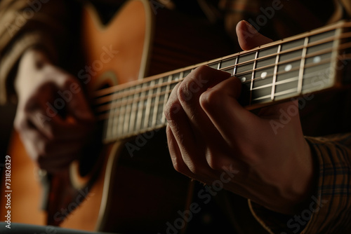 Close-Up of Hands Skillfully Playing an Acoustic Guitar, Fingers Dancing Across the Strings with Precision and Emotion, Capturing the Essence of Musical Mastery and Artistry photo
