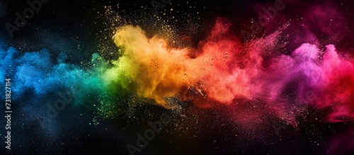 Abstract splashes of rainbow-colored dust powder explode  floating on a black backdrop with a textured appearance.