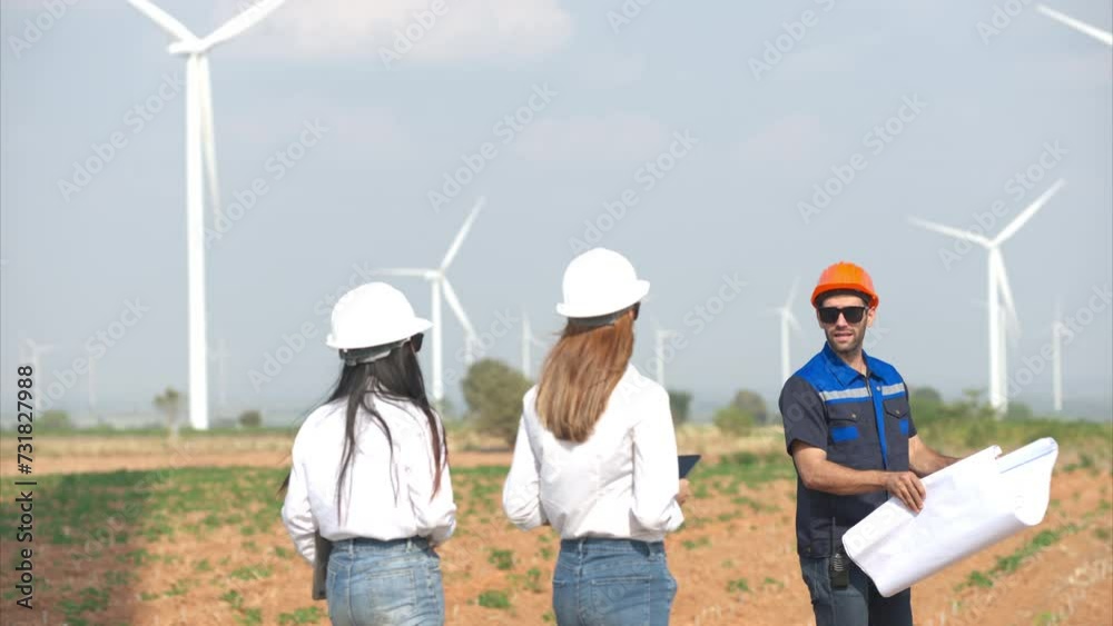 Team of engineers and architects working on wind turbines in a wind farm Team of engineers and architects working on wind turbines in a wind farm