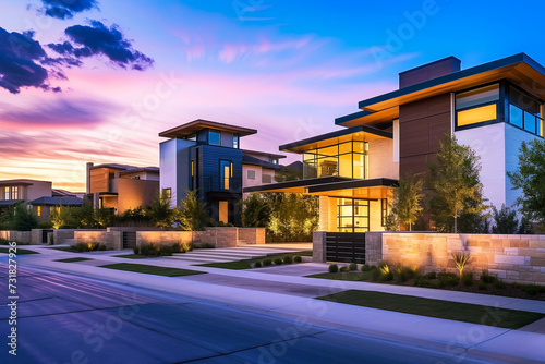 Modern luxury homes at twilight with illuminated windows, dramatic sky, and space for text in suburban neighborhood setting