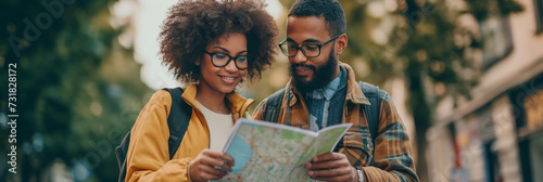 African American couple exploring a city, cheerfully looking at a map together, with ample blurred background suitable for travel concept text or advertisements photo