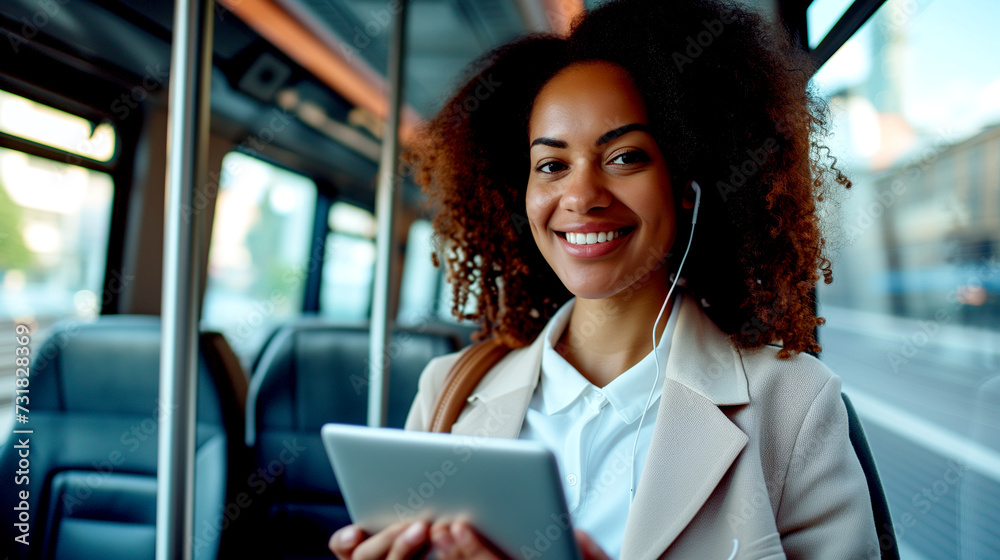 Happy woman working with a laptop in transport. Happy woman working with a laptop in transport.