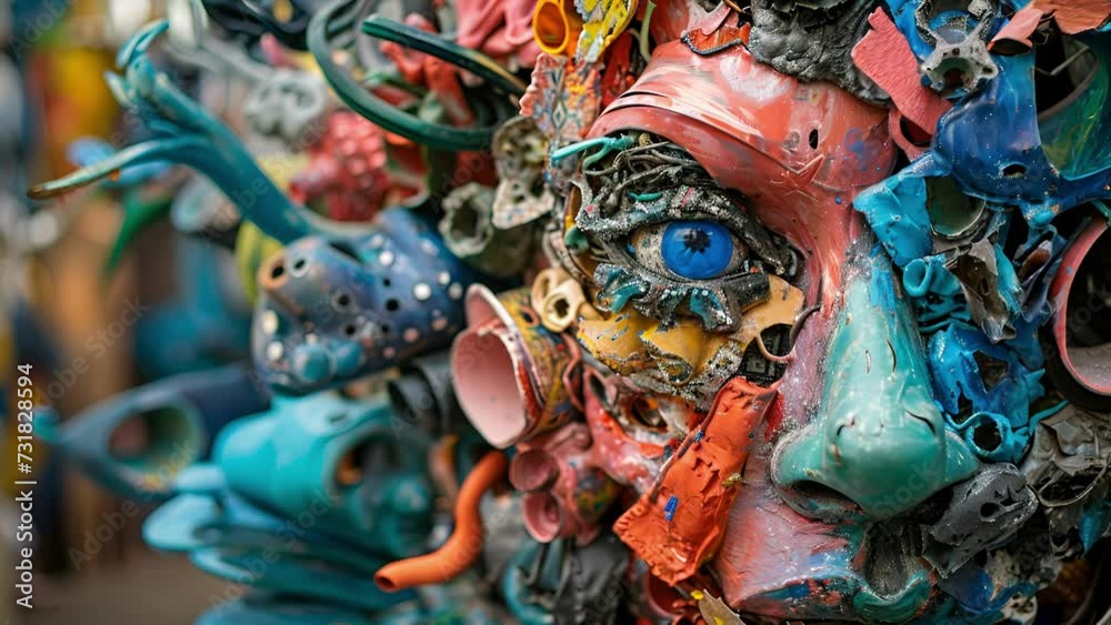 A closeup of a unique sculpture made from repurposed materials showcasing the growing trend of sustainability and ecofriendly practices in the art world. A closeup of a unique sculpture made from repurposed materials showcasing the growing trend of sustainability and ecofriendly practices in the art world.