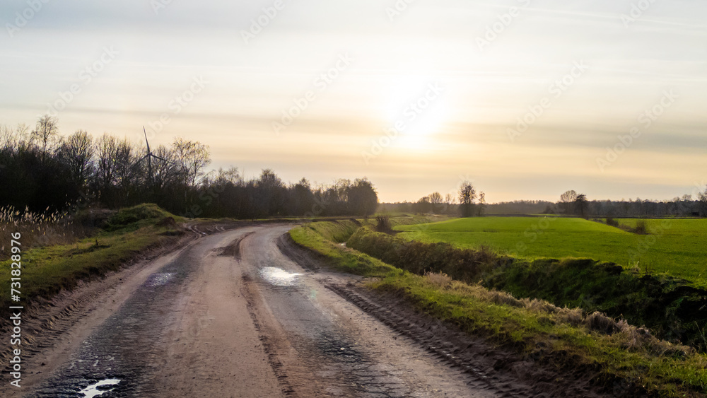 The image captures a serene rural scene, featuring a winding country road meandering through the landscape and leading into the soft glow of the setting sun. The road is flanked by green fields and