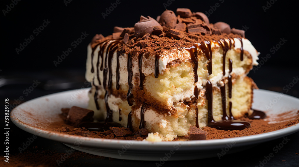 A Tiramisu Cake slice with layers of mascarpone cream and chocolate shavings on a white plate, Mid-angle Shot A Tiramisu Cake slice with layers of mascarpone cream and chocolate shavings on a white plate, Mid-angle Shot