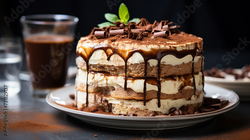 Tiramisu Cake with the espresso-soaked layers and chocolate shavings on a glass cake stand, Artistic Shot