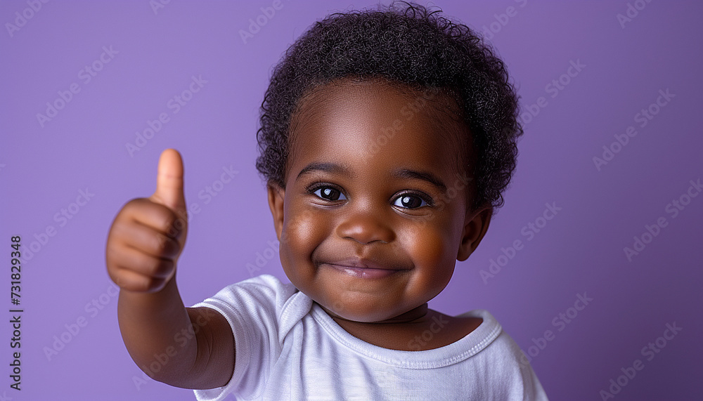 African toddler giving a thumbs up against a purple background, radiating positivity and cute gestures African toddler giving a thumbs up against a purple background, radiating positivity and cute gestures