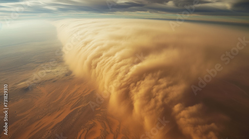 Aerial view of a massive sandstorm over desert dunes under a cloudy sky, depicting natural extreme weather conditions, suitable as a dramatic background