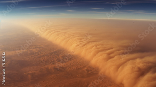 Aerial view of a vast sandstorm over a desert at sunset with clear gradient sky, ideal for background with space for text