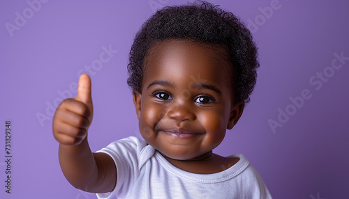 African toddler giving a thumbs up against a purple background, radiating positivity and cute gestures