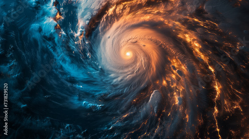 Aerial view of an intense hurricane from space with swirling clouds over the ocean, suitable for articles on weather or as a dramatic background photo