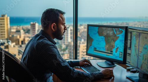 Focused professional using multiple computer monitors with world map software in a high-rise office, with a cityscape and ocean view in the background, space for text
