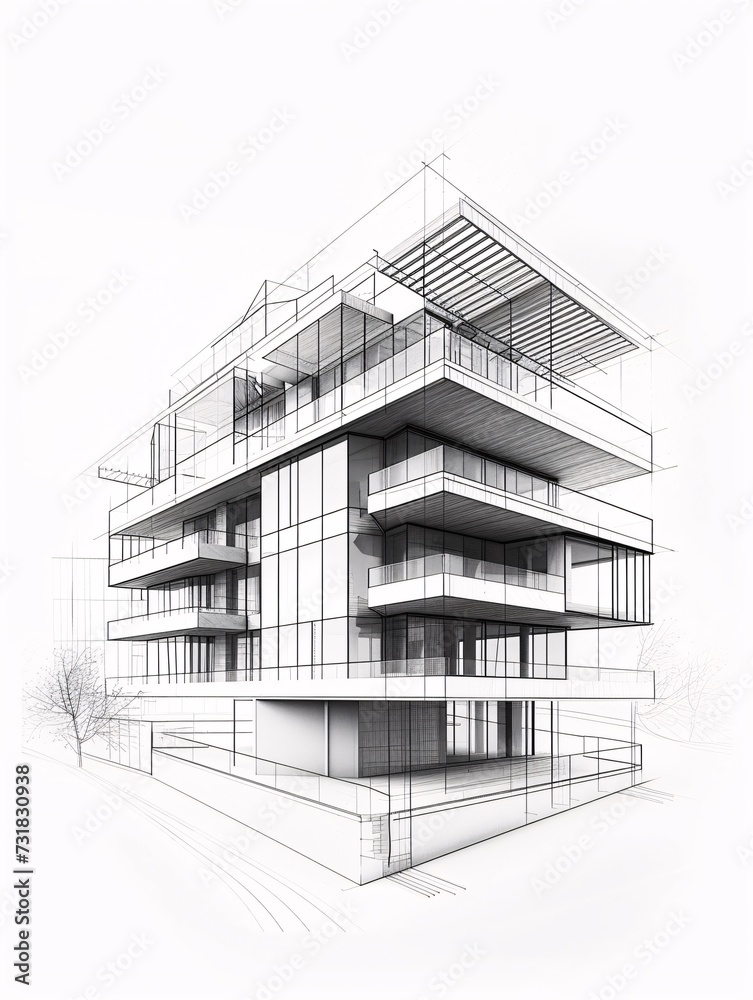 Architectural structure depicted in a 3D visualization with abstract, contemporary urban elements.