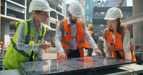 Crew of Construction and Site Managers Having a Meeting at a Site with Skeleton Frame Building with Concrete and Steel Beams in the Background. Industrial Specialists Using an Interactive Display photo