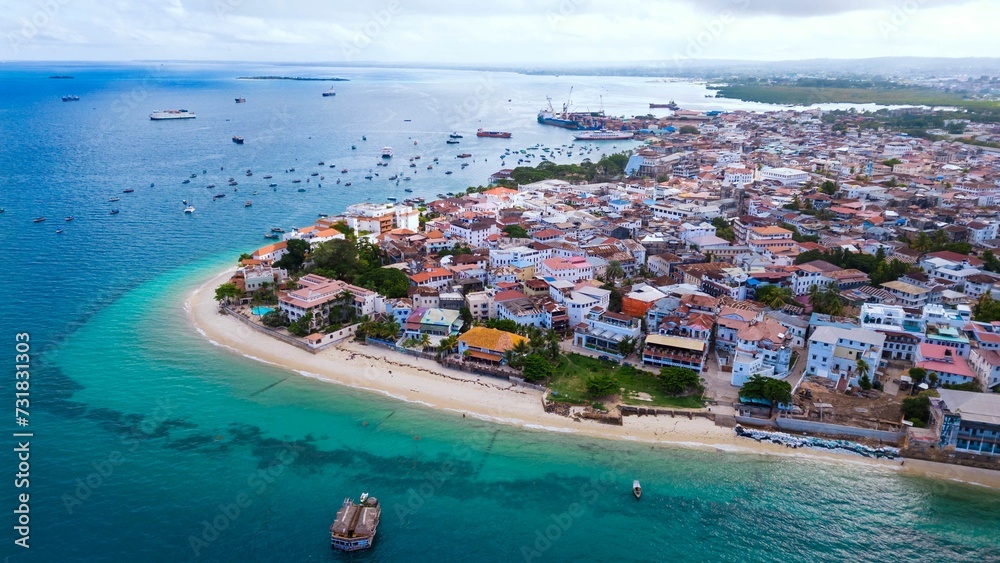 View of the tropical island of Zanzibar, featuring a serene bay