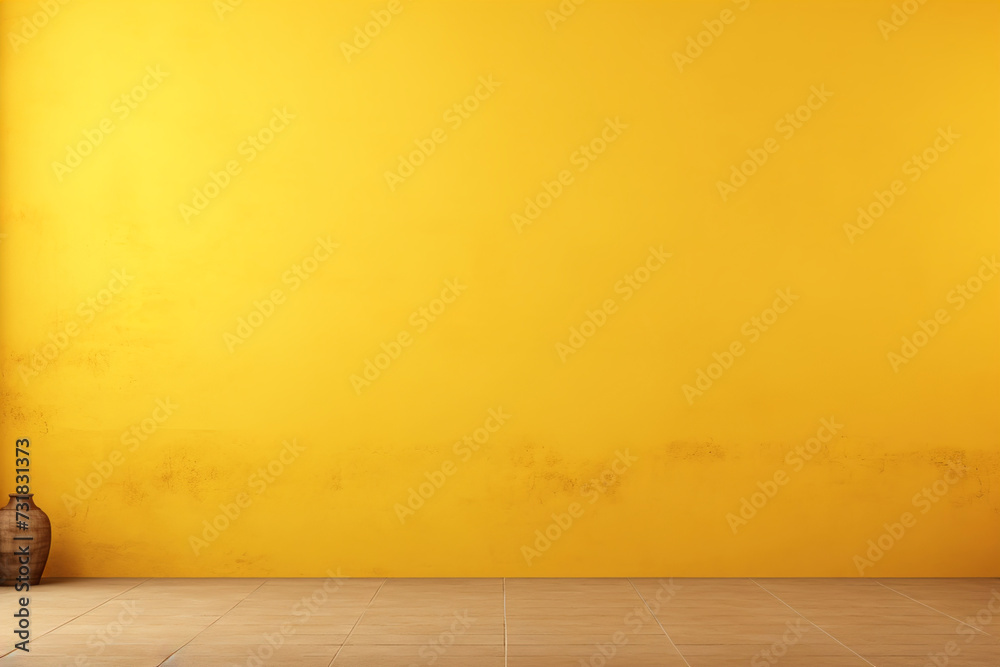 A yellow wall background with a pot on the side. (Generative AI) A yellow wall background with a pot on the side. (Generative AI)