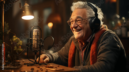 Grandfather Wearing Headphones Sitting in Front of a Microphone. Generative AI.