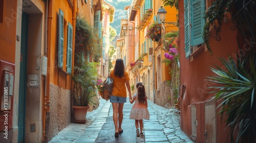 A female traveler and her child strolling through the narrow alleyways of Nice, France. Family vacation theme. © ckybe