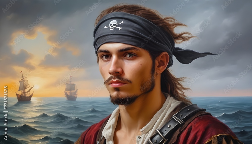 Fototapeta premium Medieval young pirate captan in bandana dreamy looking to horizon. RPG character portrait 