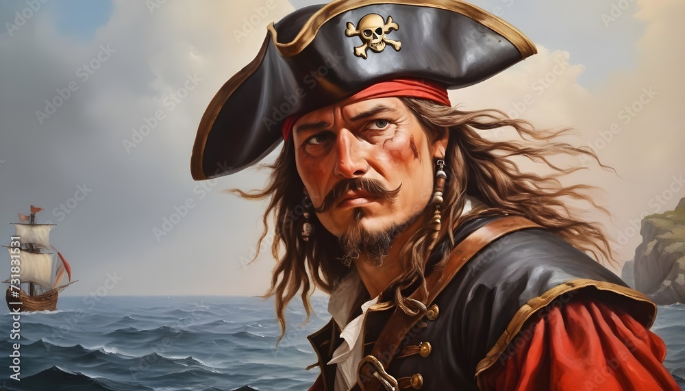 Fototapeta premium Brave pirate captain looking to the horizon . RPG character portrait. Close up