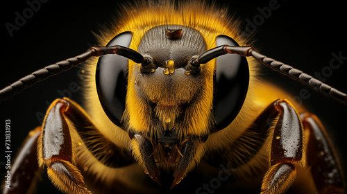 Shot captures the intricate details of a bees face as it goes about its activities. Generative AI.