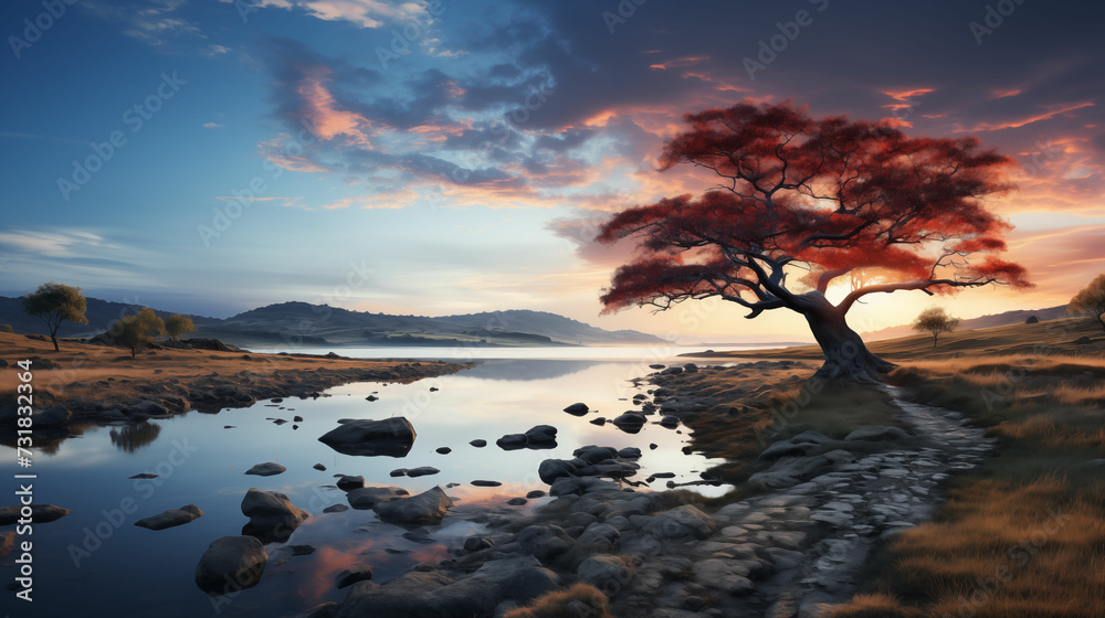 Painting of a Tree and a Body of Water. Generative AI. Painting of a Tree and a Body of Water. Generative AI.