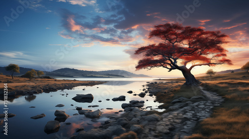 Painting of a Tree and a Body of Water. Generative AI. © MikeLegend