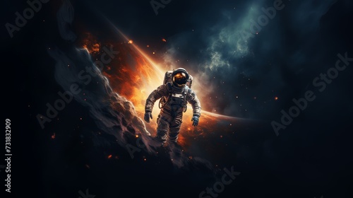 An astronaut in outer space. Billions of galaxies in the universe. 