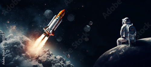 Launching a rocket into outer space. An astronaut watches a rocket launch from another planet. Banner