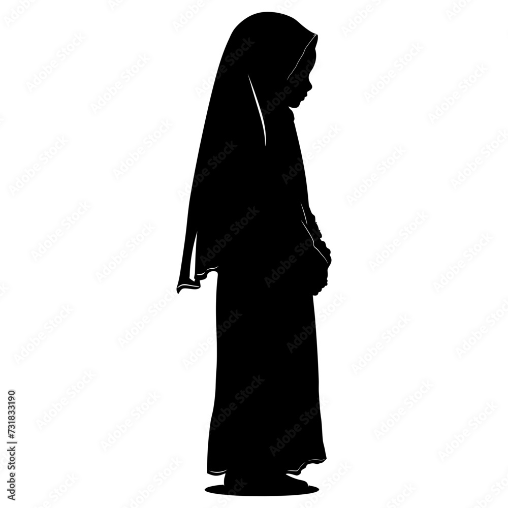 Silhouette cute little girl wearing hijab black color only Silhouette cute little girl wearing hijab black color only