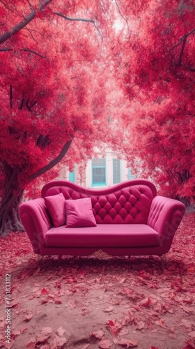 Enchanted Seating: Fantasy Blue Chair in the Heart of a Pink Forest - A Magical Fairytale Kingdom 
