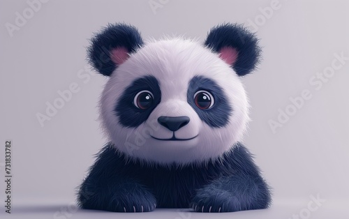 Oso Panda vista de medio cuerpo, con las patas sobre un apoyo, sonriente, ojos tiernos, dulzura, blanco y negro, orejas rosadas, fondo gris. Panda Bear Close-up, clean background, half body, tender. photo