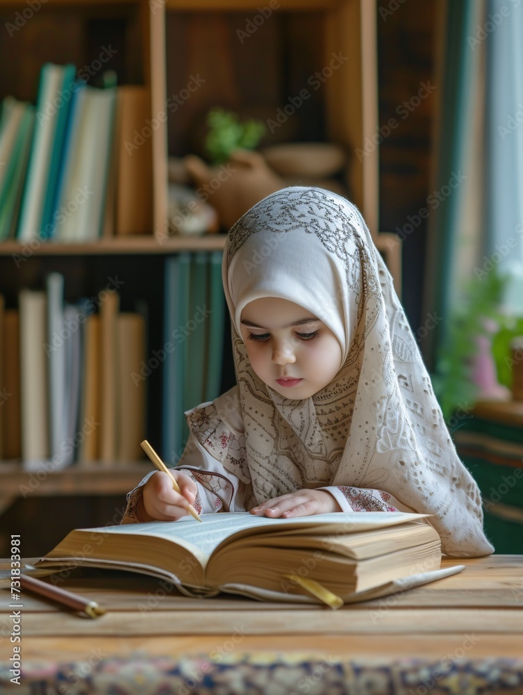 Adorable young Muslim girl studying and reading a book, practicing her literacy skills at home. Adorable young Muslim girl studying and reading a book, practicing her literacy skills at home.