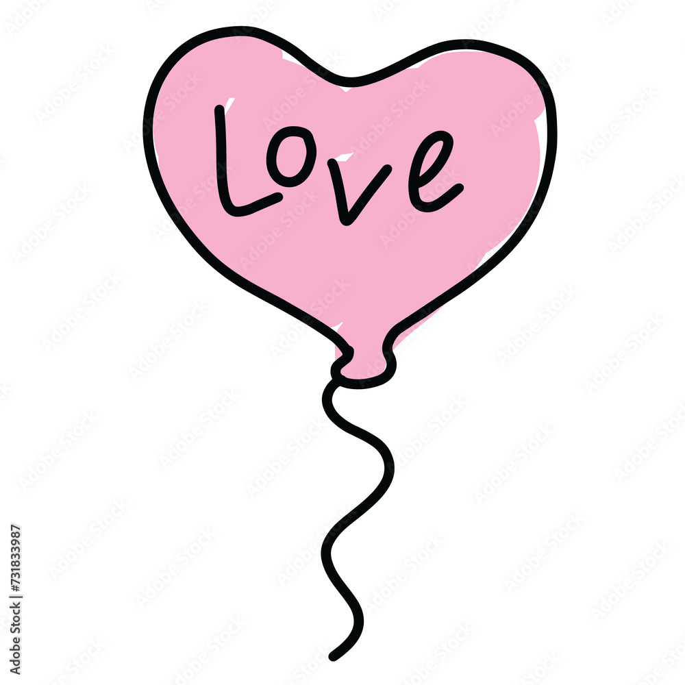 Kid drawing and kid colouring style of pink balloon with LOVE letters for Valentine's Day, toy, love sticker, fabric print, decoration, brand logo, icon, tattoo, ads