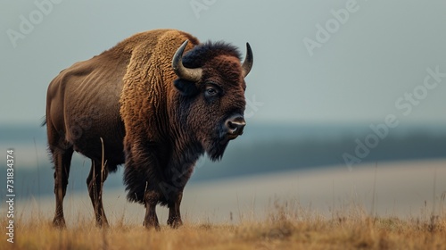 European bison (Bison bonasus) looms in the distance in the wilderness.