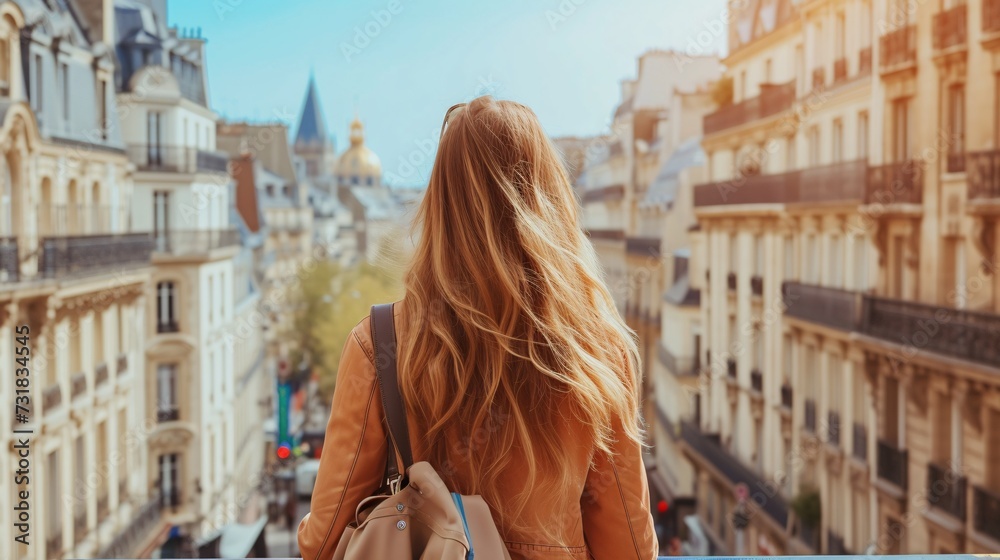 Fototapeta premium A woman sightseeing and admiring the cityscape on a Parisian street.