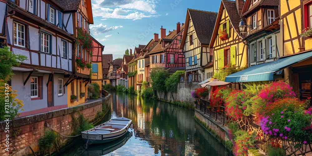 France. Small waterway and traditional timber-framed homes.
