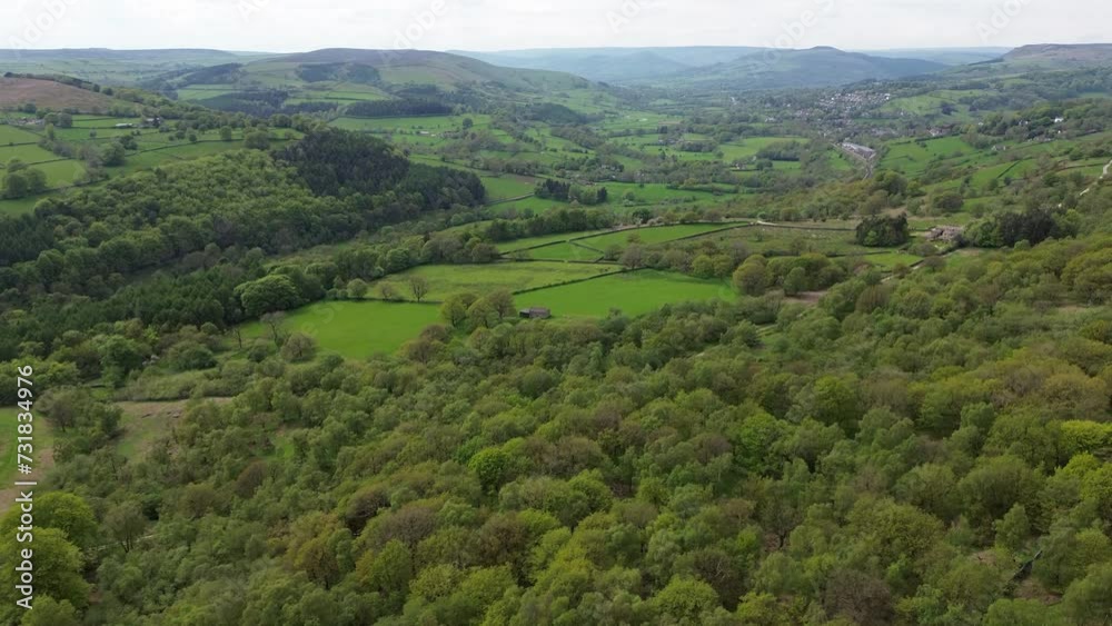 Aerial video of a valley covered with bright green grass and trees Aerial video of a valley covered with bright green grass and trees
