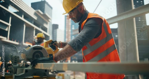 Portrait of a Handsome Woodworker Working on a Circular Saw Cutter at a Construction Site. Masculine Man Operating Machine Outdoors, Using a Power Saw to Cut Wooden Planks