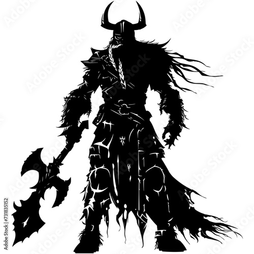 Silhouette viking warrior in mmorpg game black color only