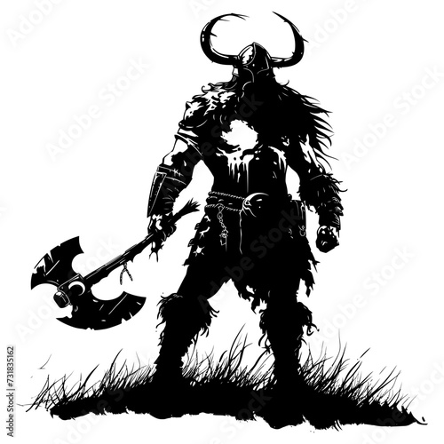 Silhouette viking warrior in mmorpg game black color only